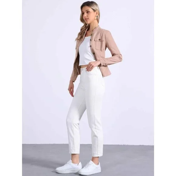 Women's Casual Denim Jacket Classic Stand Collar Long Sleeve Jean Jacket Pink - Picture 3 of 5